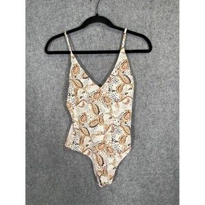 BEACH RIOT BATHING SUIT Women SMall ORANGE NAVY OFF-WHITE PAISLEY ONE PIECE